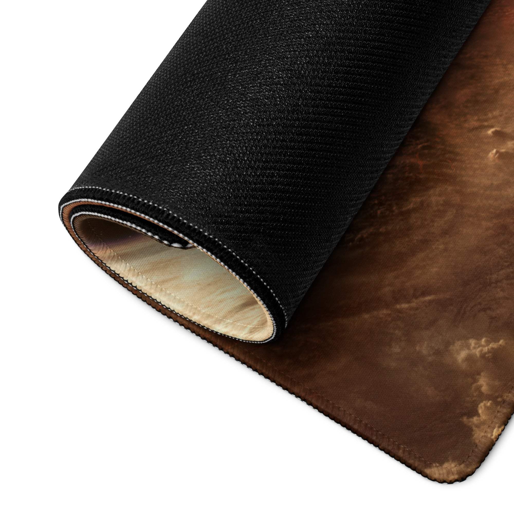 Brown leather textured mousepad back with black fabric non-slip backing