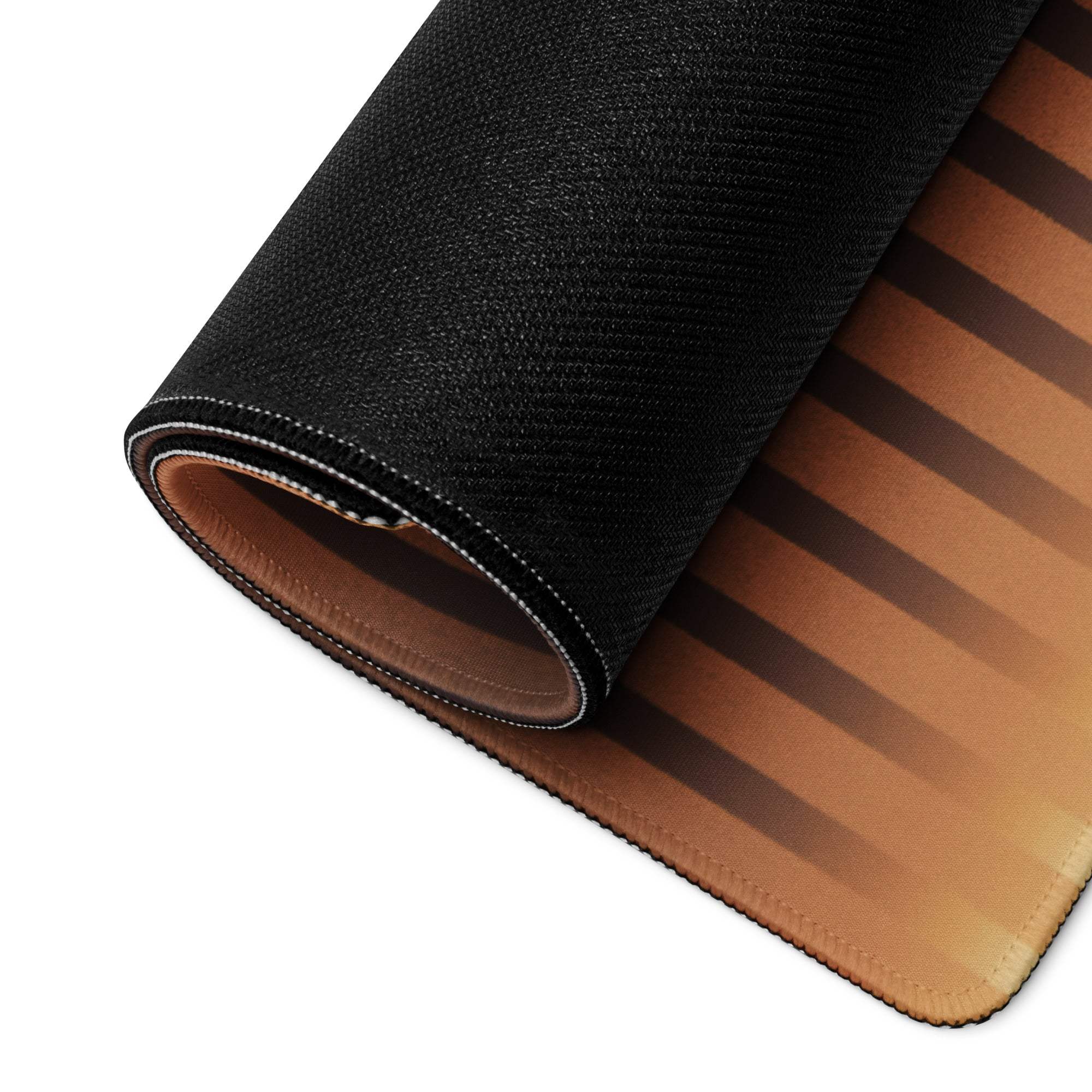 Copper Stripe large gaming mouse pad with black-brown gradient, textured fabric, stitched edges, non-slip backing