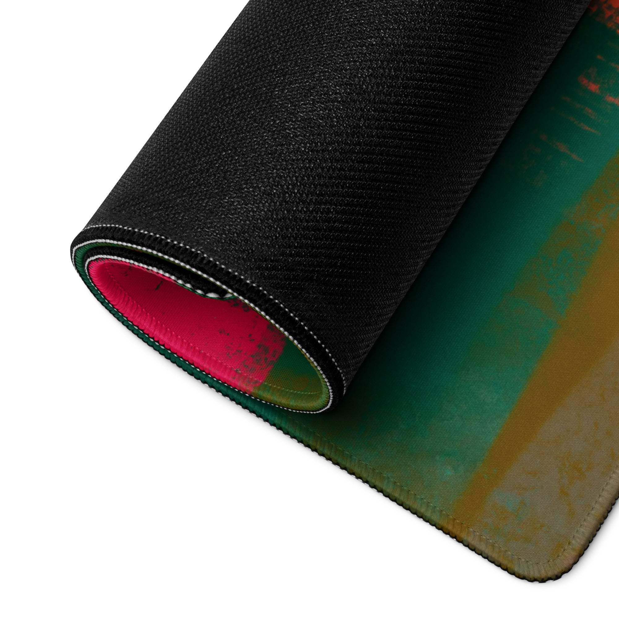 Black textured large gaming mousepad with teal gold red abstract neon design