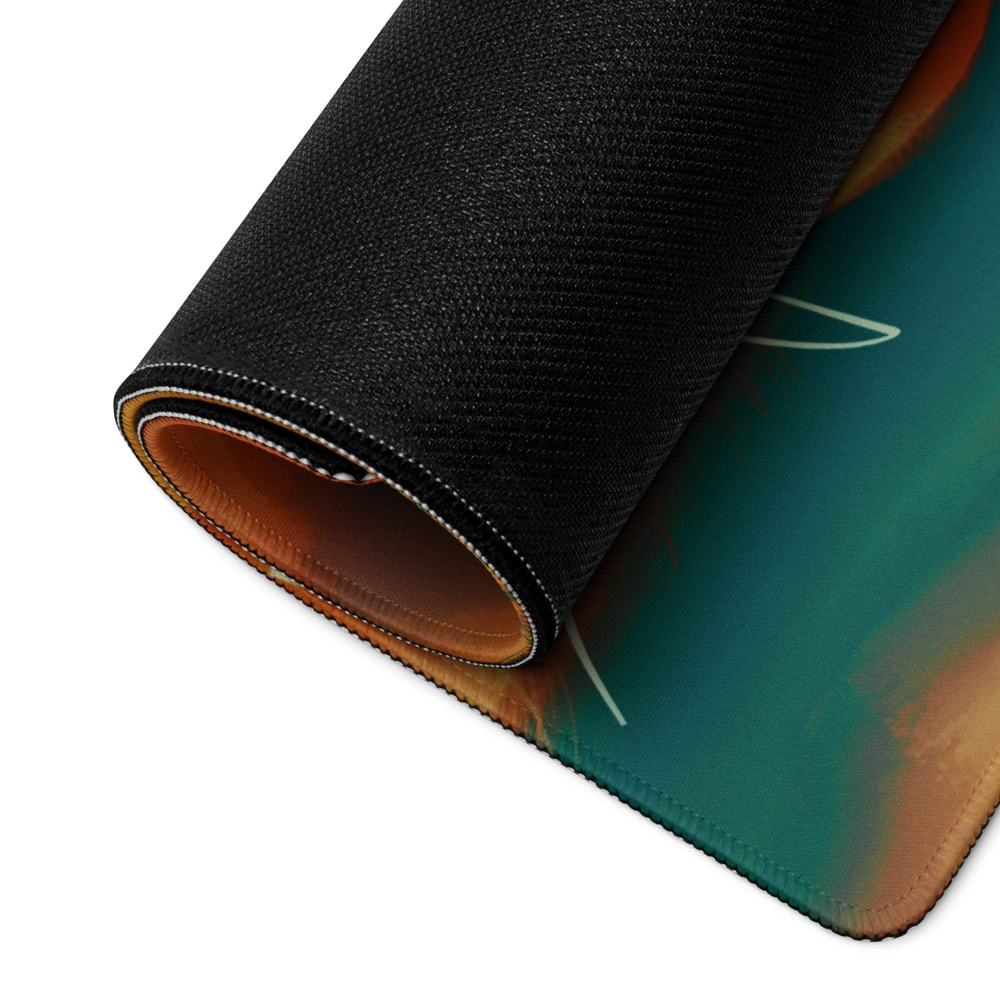 Rolled-up Abstract Art gaming mouse pad in teal orange gradient with stitching