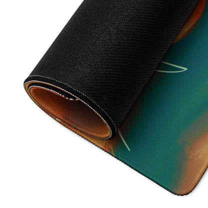 Rolled-up Abstract Art gaming mouse pad in teal orange gradient with stitching