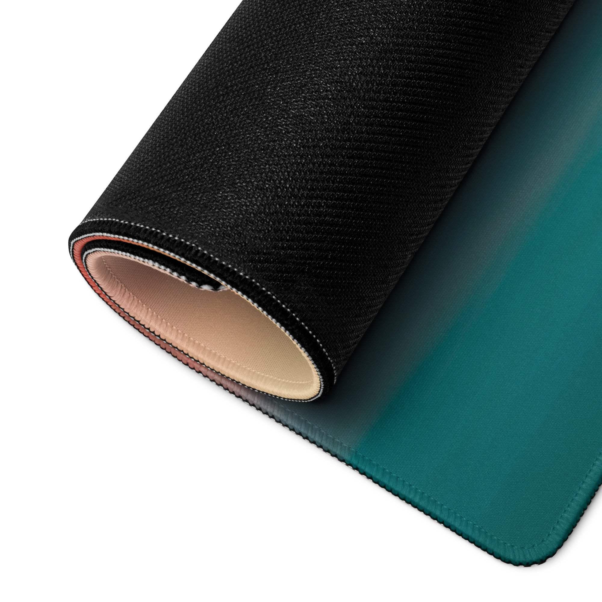 Premium black teal sunset gradient large gaming mousepad with stitched edges