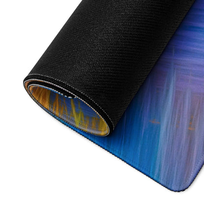 Vibrant blue purple gradient gaming mousepad rolled up with non-slip base