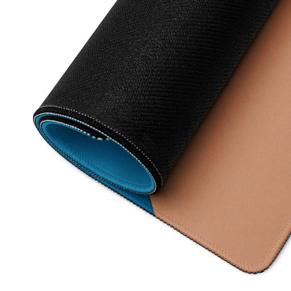 Back of blue orange gradient gaming mouse pad showing black textured layer tan leather underside blue lining