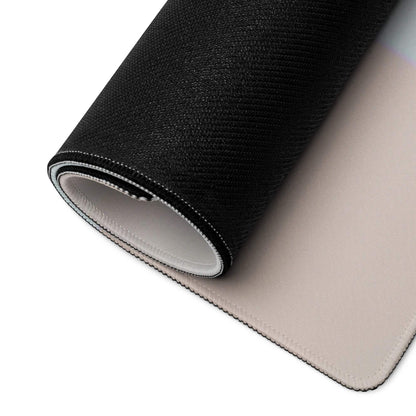 Back of pastel geometric gaming mouse pad: black textured top, beige non-slip underside, stitched edges