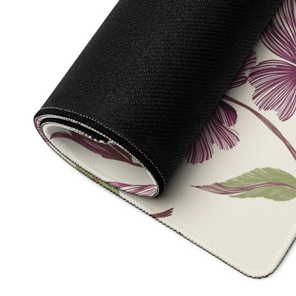 Rolled-up large beige purple floral gaming mouse pad with non-slip base