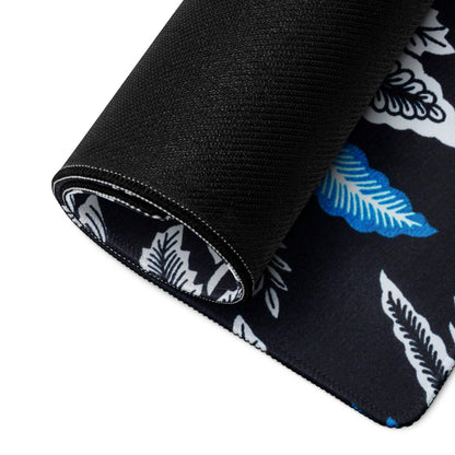 Black gaming mouse pad with white blue leaf pattern, non-slip stitched edges