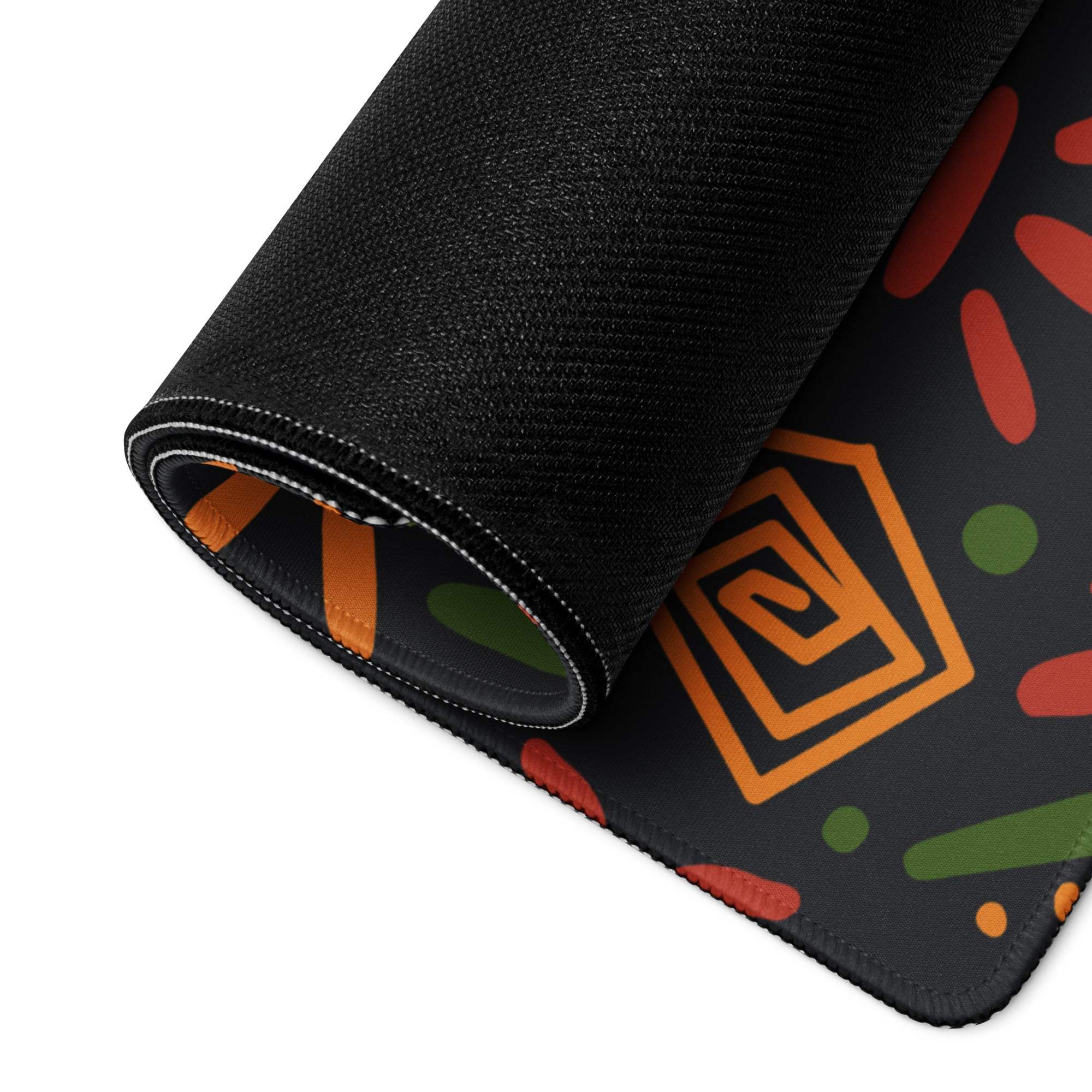 Black gaming mousepad with orange green geometric pattern non-slip backing