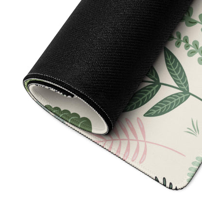 Rolled large pastel green floral leaf gaming mouse pad, non-slip black exterior