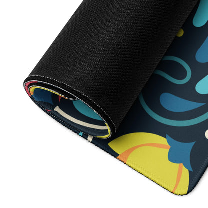 Rolled-up whimsical floral birds gaming mouse pad with vibrant design