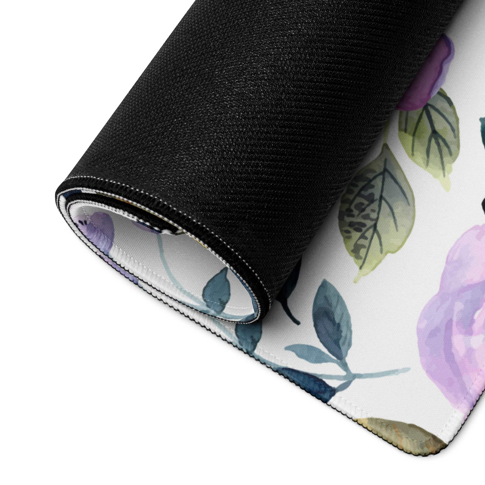 Floral watercolor gaming mouse pad with purple roses, large non-slip base