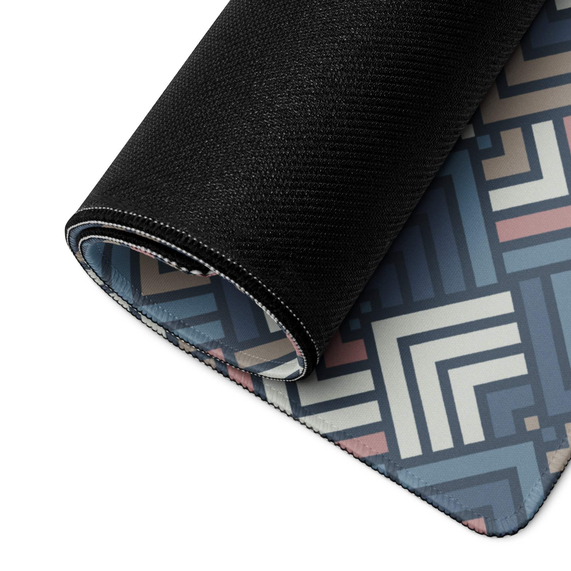 Rolled geometric blue pink beige gaming mouse pad with non-slip base