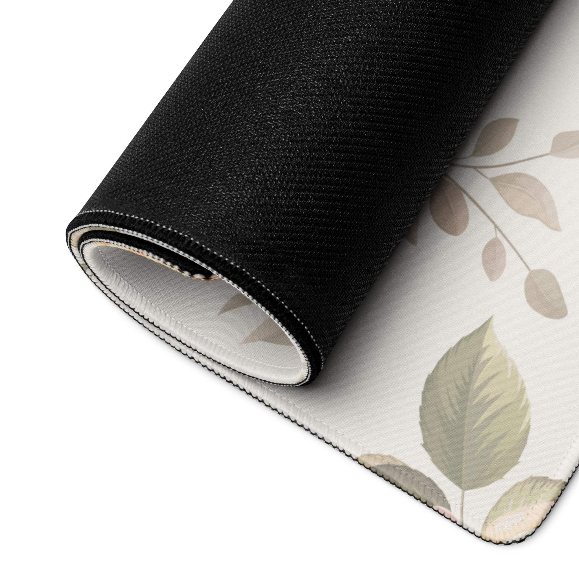 Rolled-up elegant floral pastel rose gaming mouse pad with beige leaves