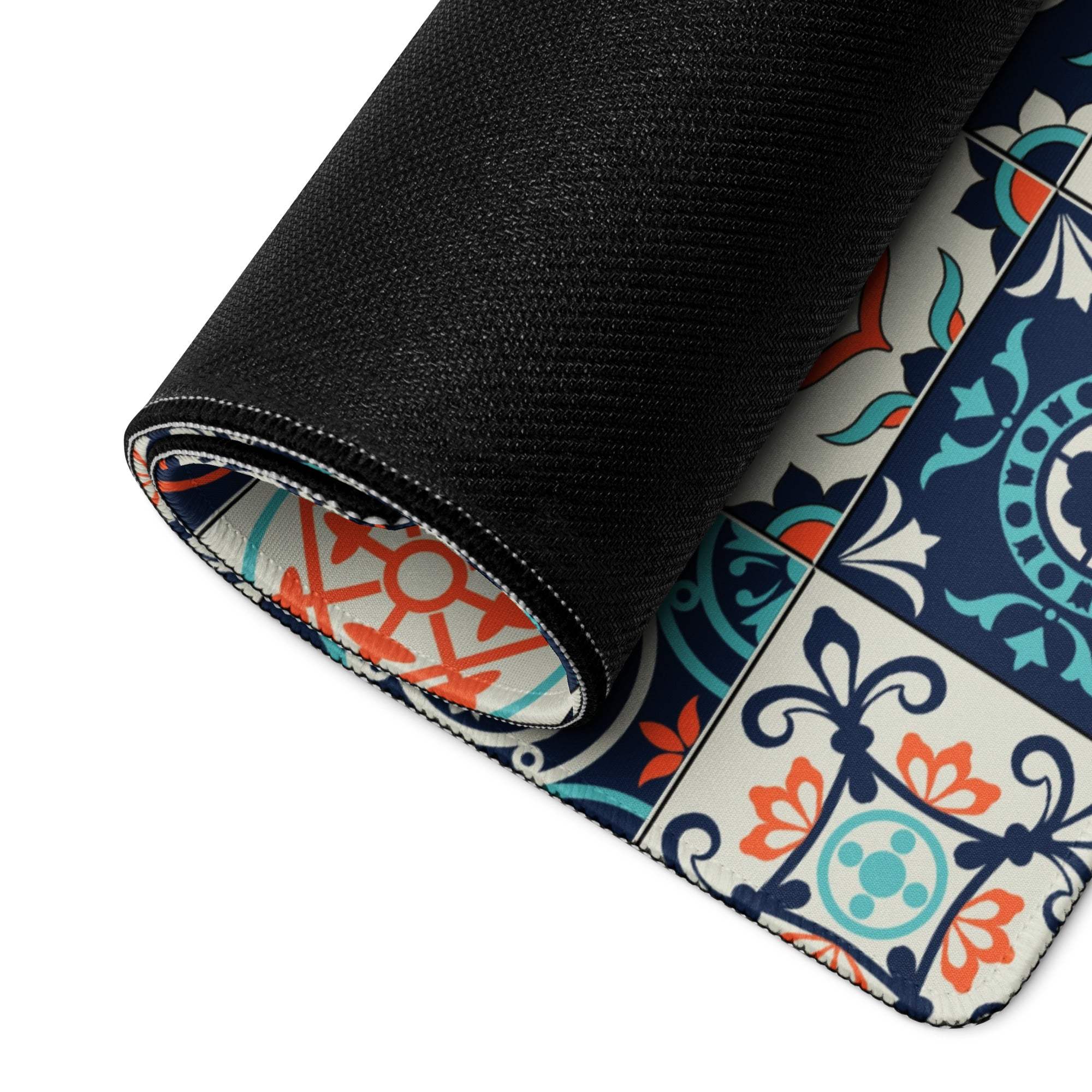 Rolled-up Elegant Tile Pattern gaming mouse pad in navy teal coral
