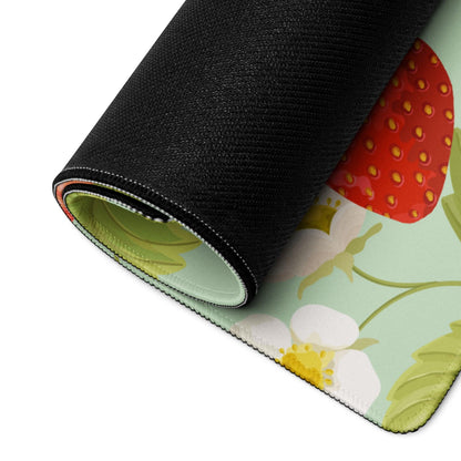 Rolled large mint green strawberry gaming mouse pad with non-slip base