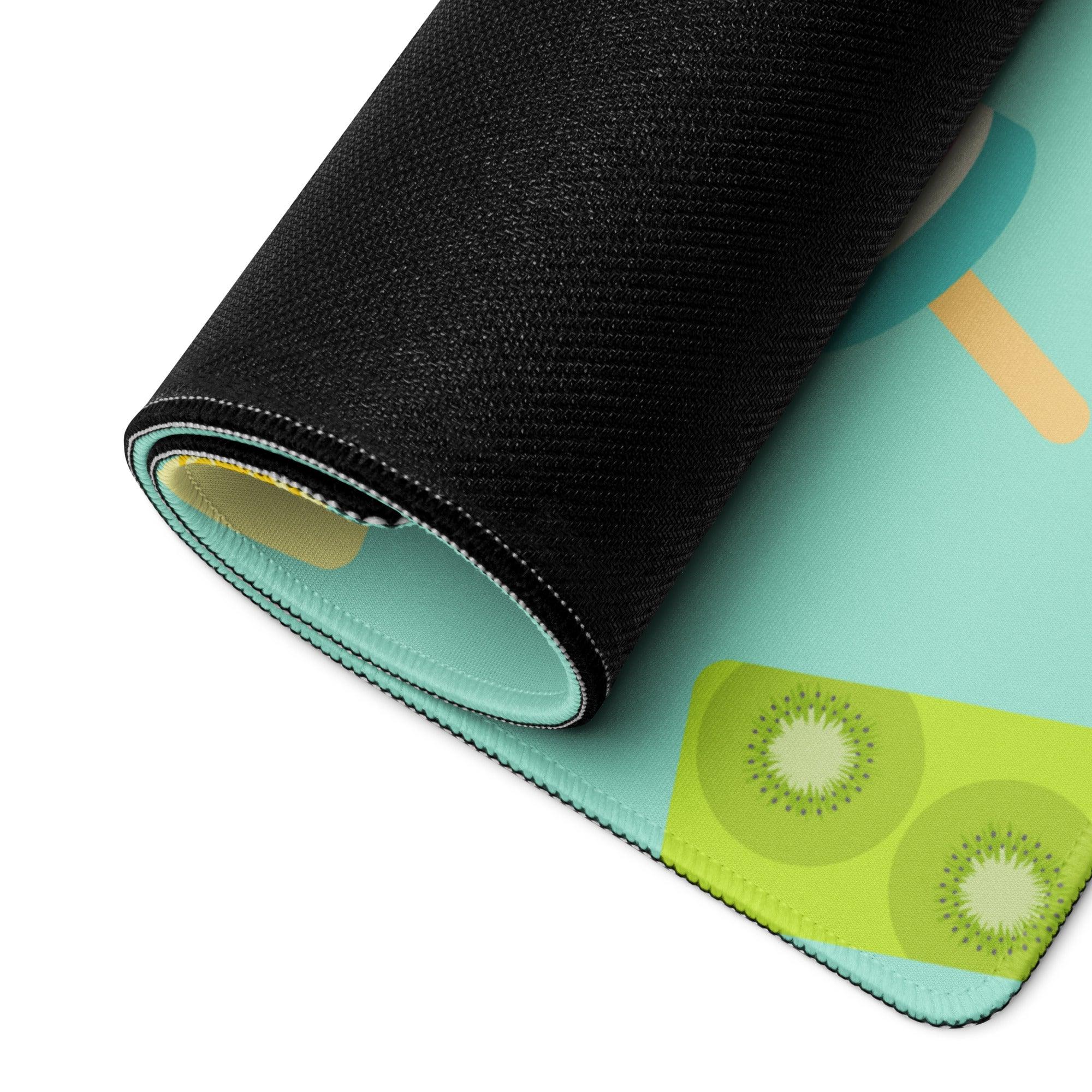 Rolled-up teal lime kiwi mousepad with black textured edge stitching