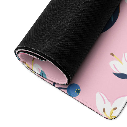 Rolled view of Chic Pink Floral gaming mouse pad black textured non-slip underside