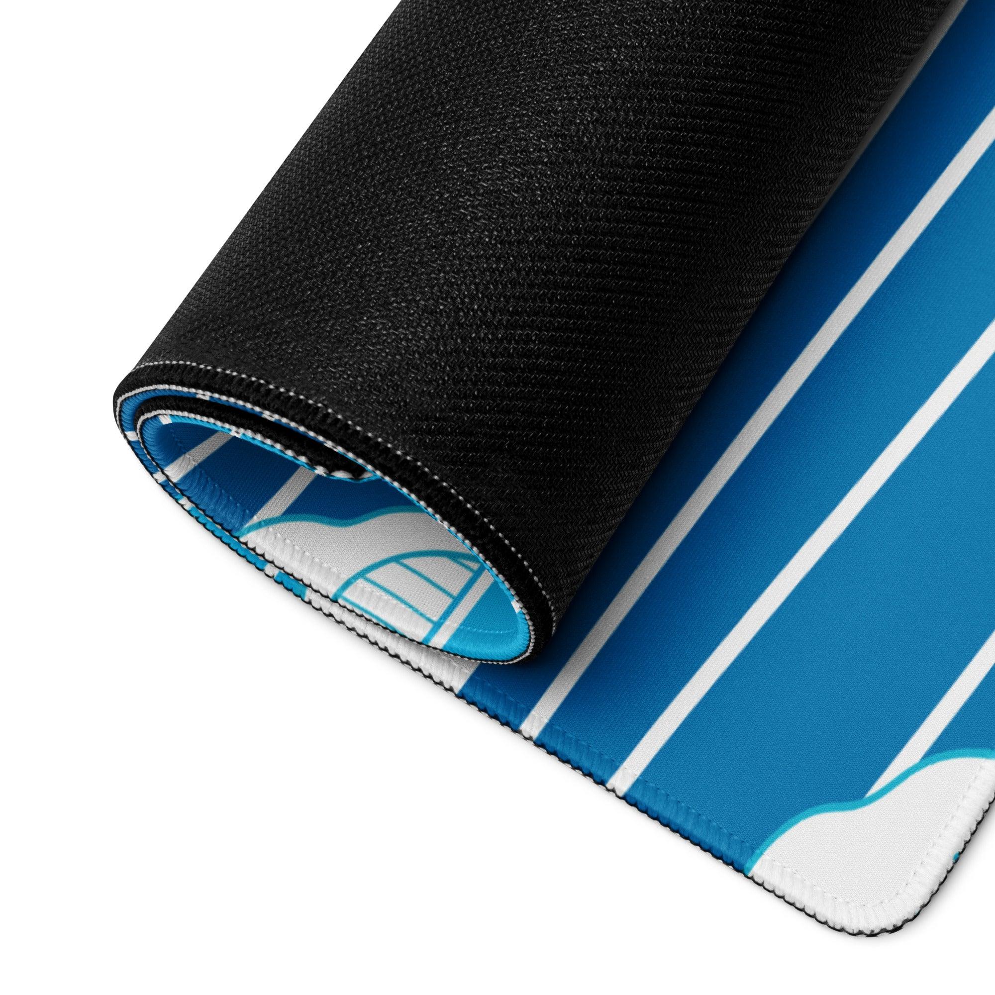 Blue and white striped Coastal Ocean Wave gaming mousepad black textured underside