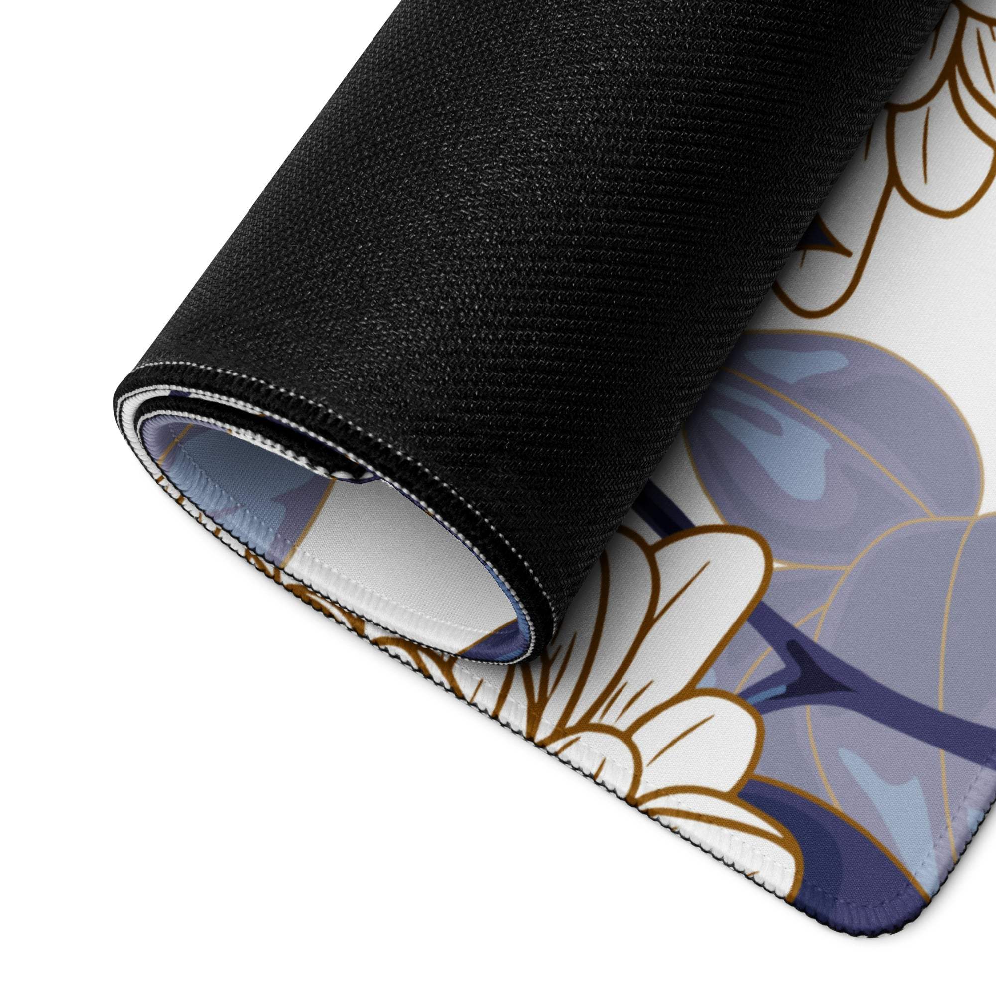 Rolled-up large gaming mousepad with elegant lavender floral design