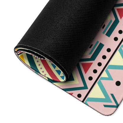 Rolled-up pink teal geometric bohemian tribal gaming mousepad non-slip base