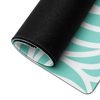 Rolled-up teal white striped gaming mousepad with black textured back