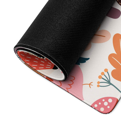 Rolled-up colorful whimsical woodland animals gaming mouse pad with floral design