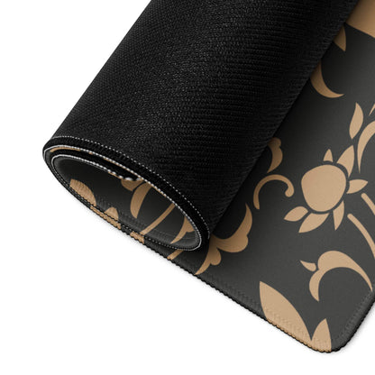 Black and gold floral gaming mousepad with tan pattern, textured non-slip surface