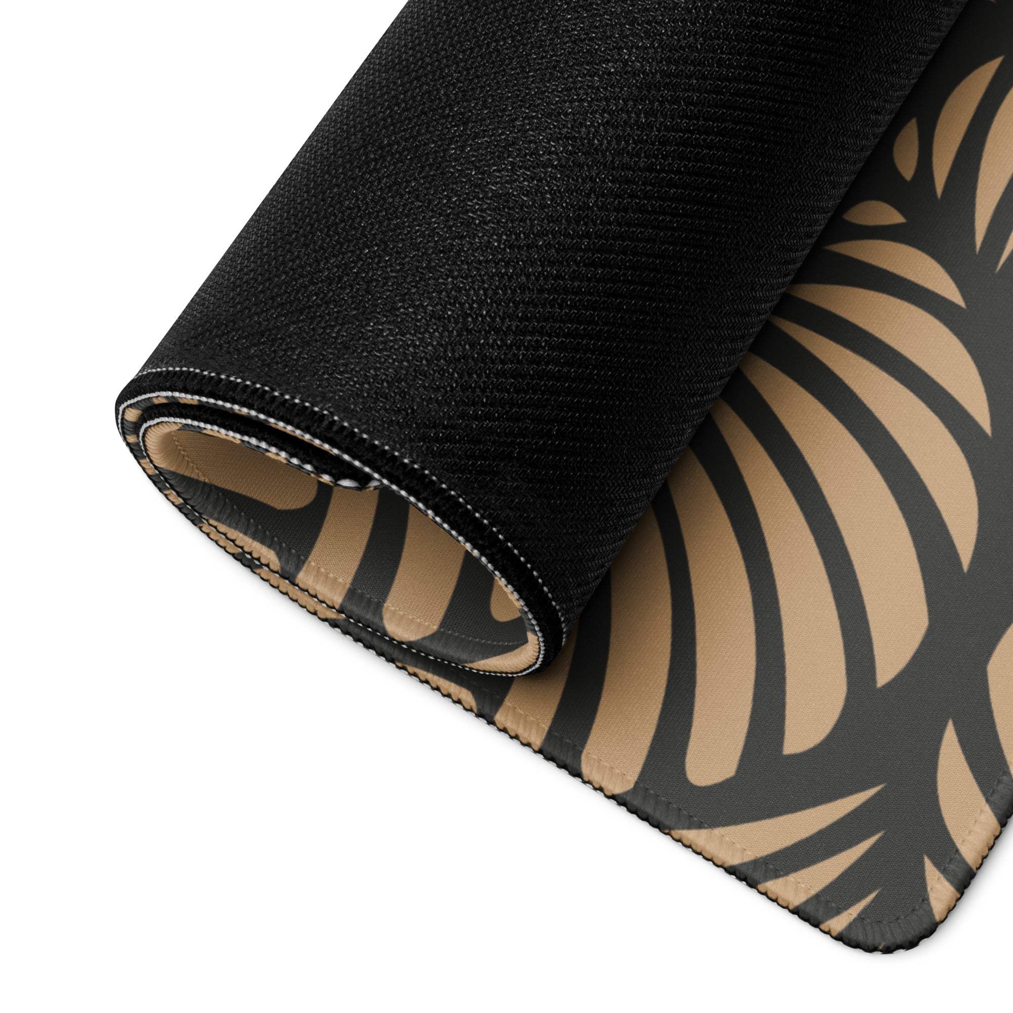 Black and tan palm leaf rug-patterned large gaming mouse pad