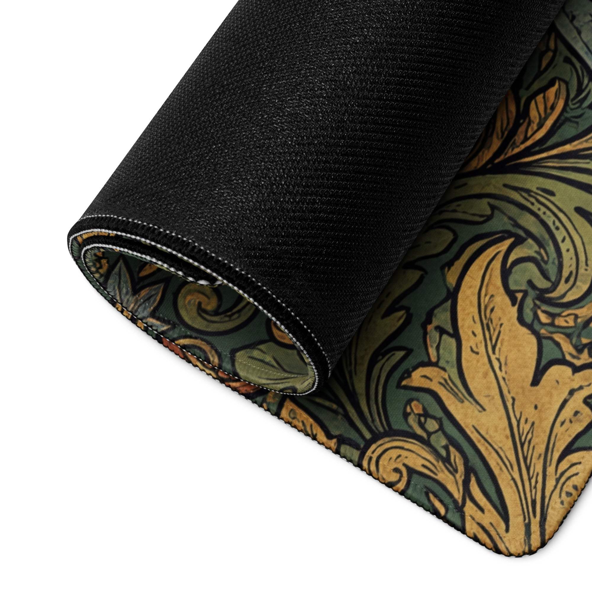 Black rolled-up mousepad with gold green leaf pattern non-slip base