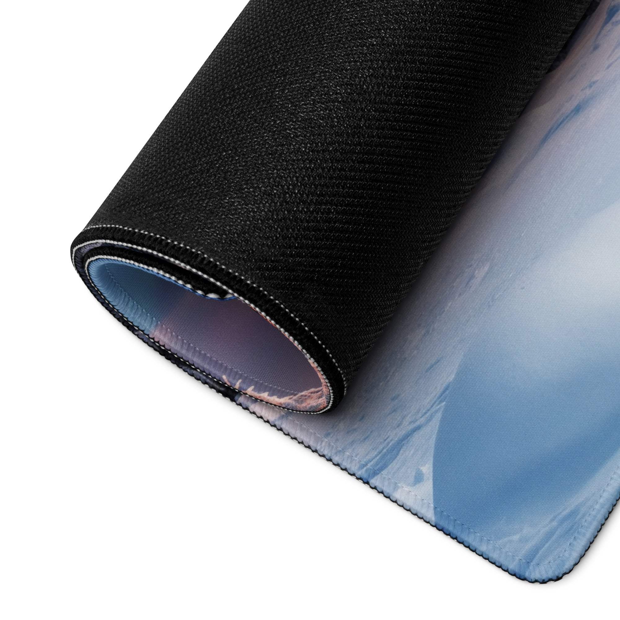 Black textured gaming mousepad rolled edge with blue white snowy mountain landscape