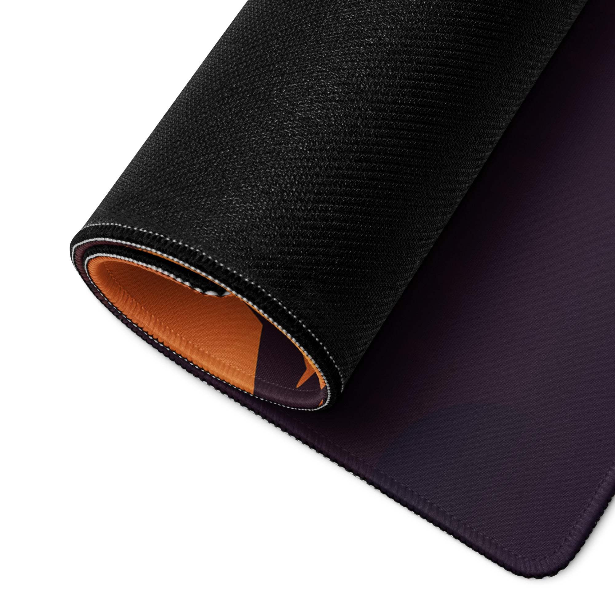 Bold Sunset Forest large gaming mousepad with black-purple gradient, orange edge, stitching