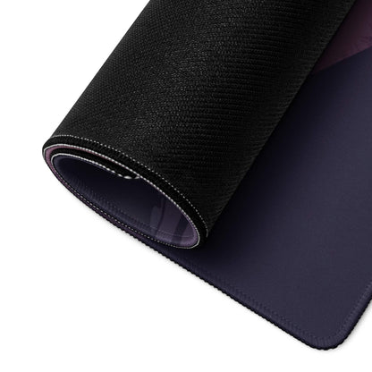 Black textured mousepad backside with purple underside and stitched edges