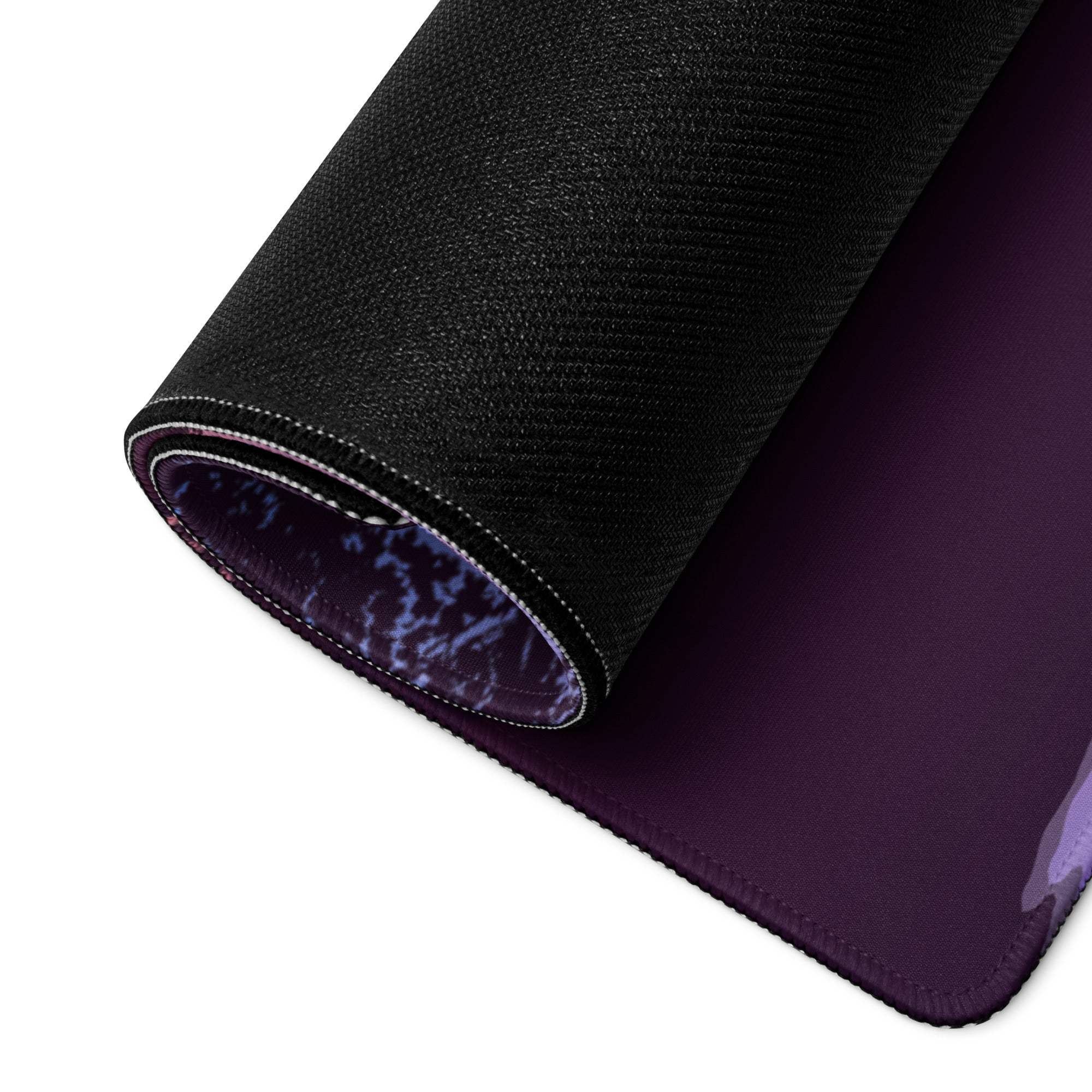 Black and purple gaming mousepad with marble pattern, stitched edges, non-slip base