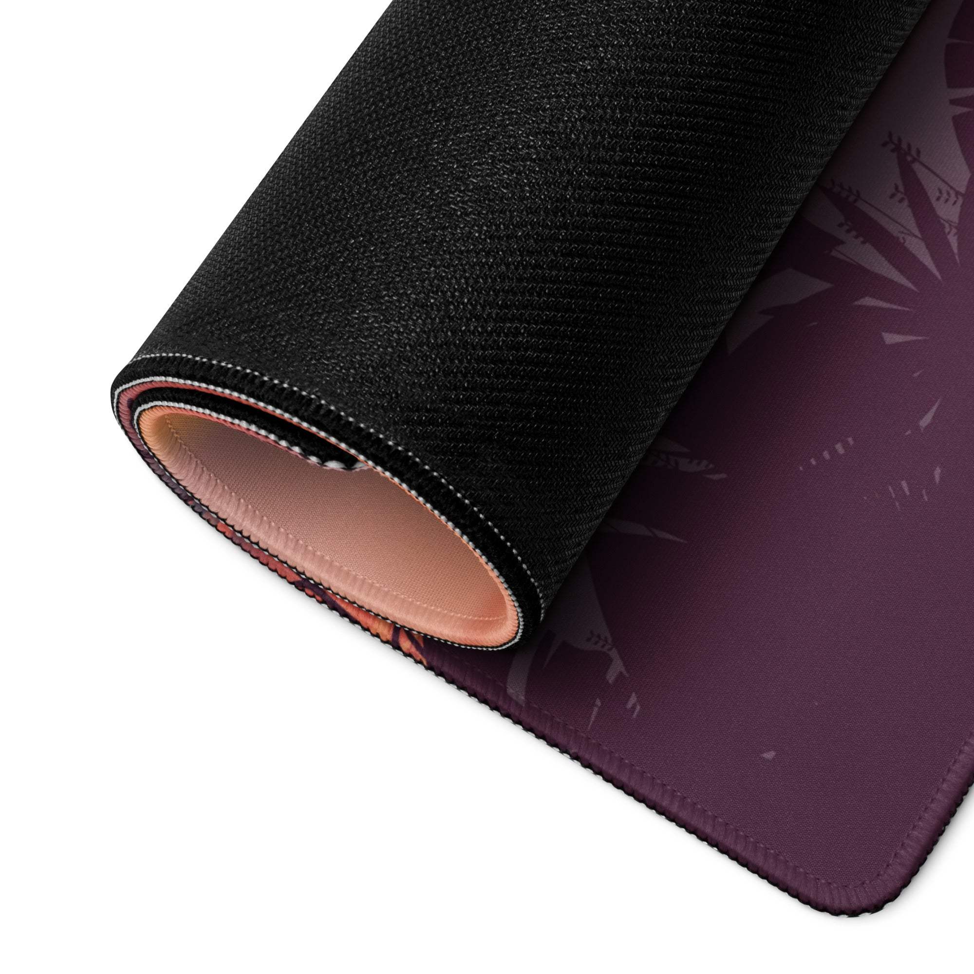 Rolled-up Sunset Tropical large gaming mouse pad with purple pink design
