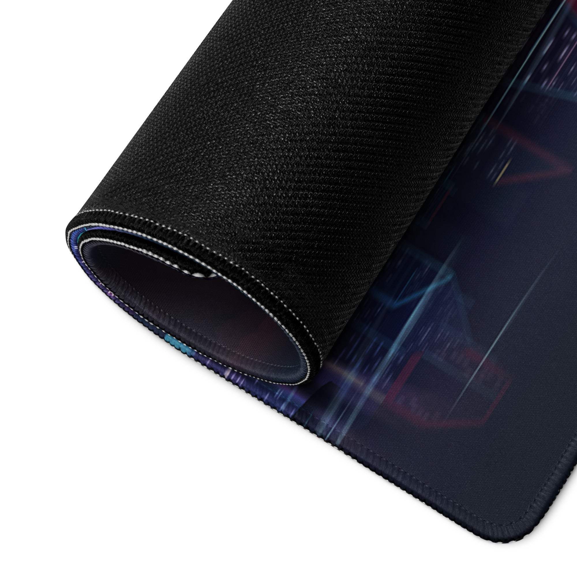 Black textured cyberpunk city skyline gaming mouse pad with neon blue red hues