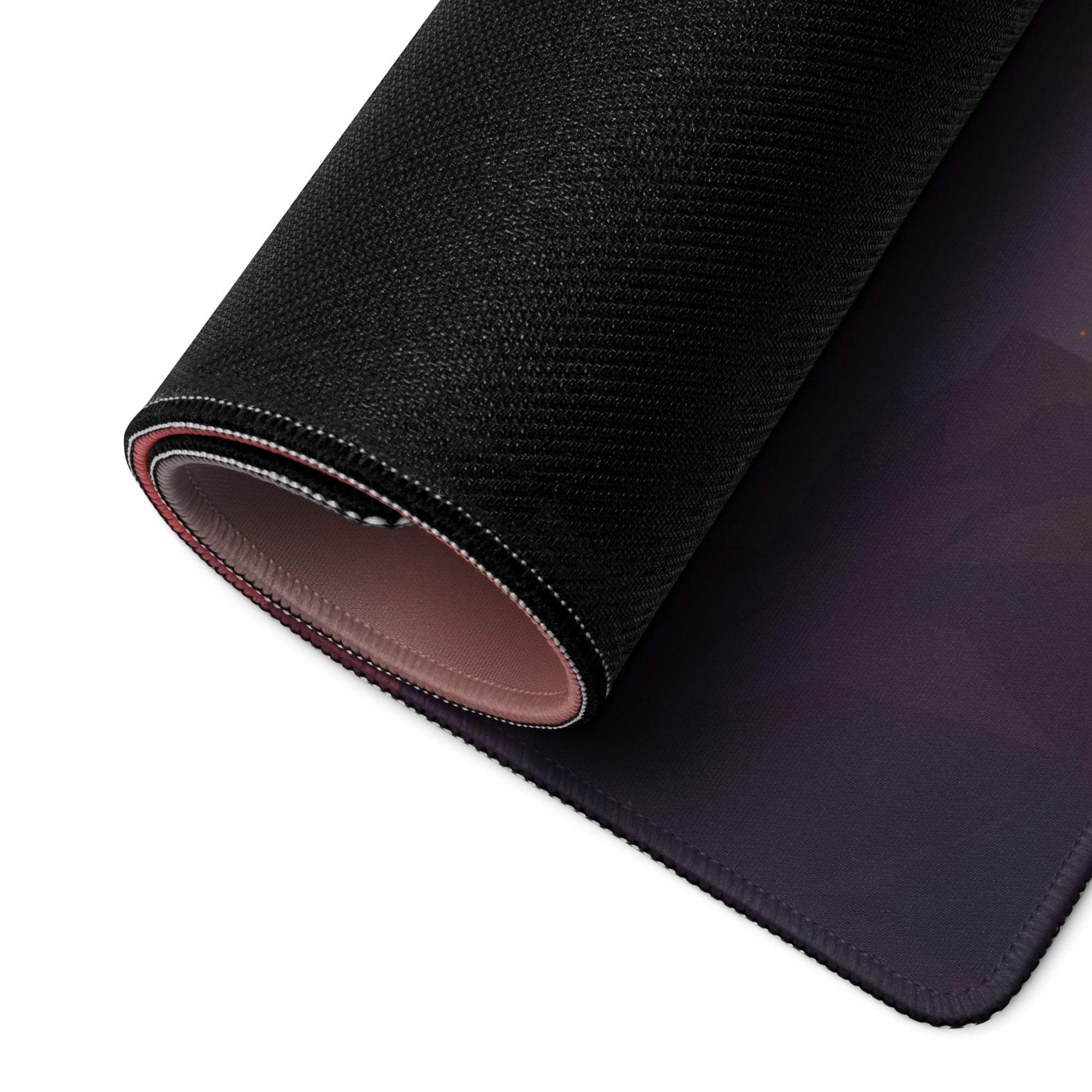 Black textured gaming mousepad with pink lining, sunset mountain design