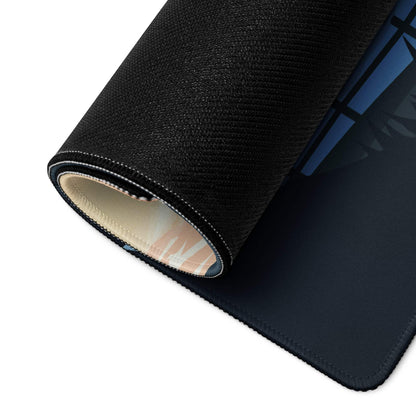 Black textured gaming mousepad with rolled edge and twilight blue mountain lake sunset design