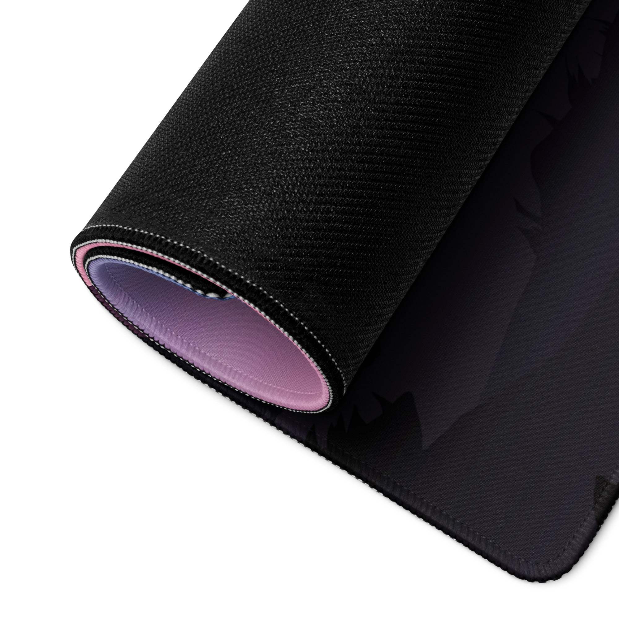 Black textured Epic Landscape Pink Sunset gaming mouse pad back with purple lining