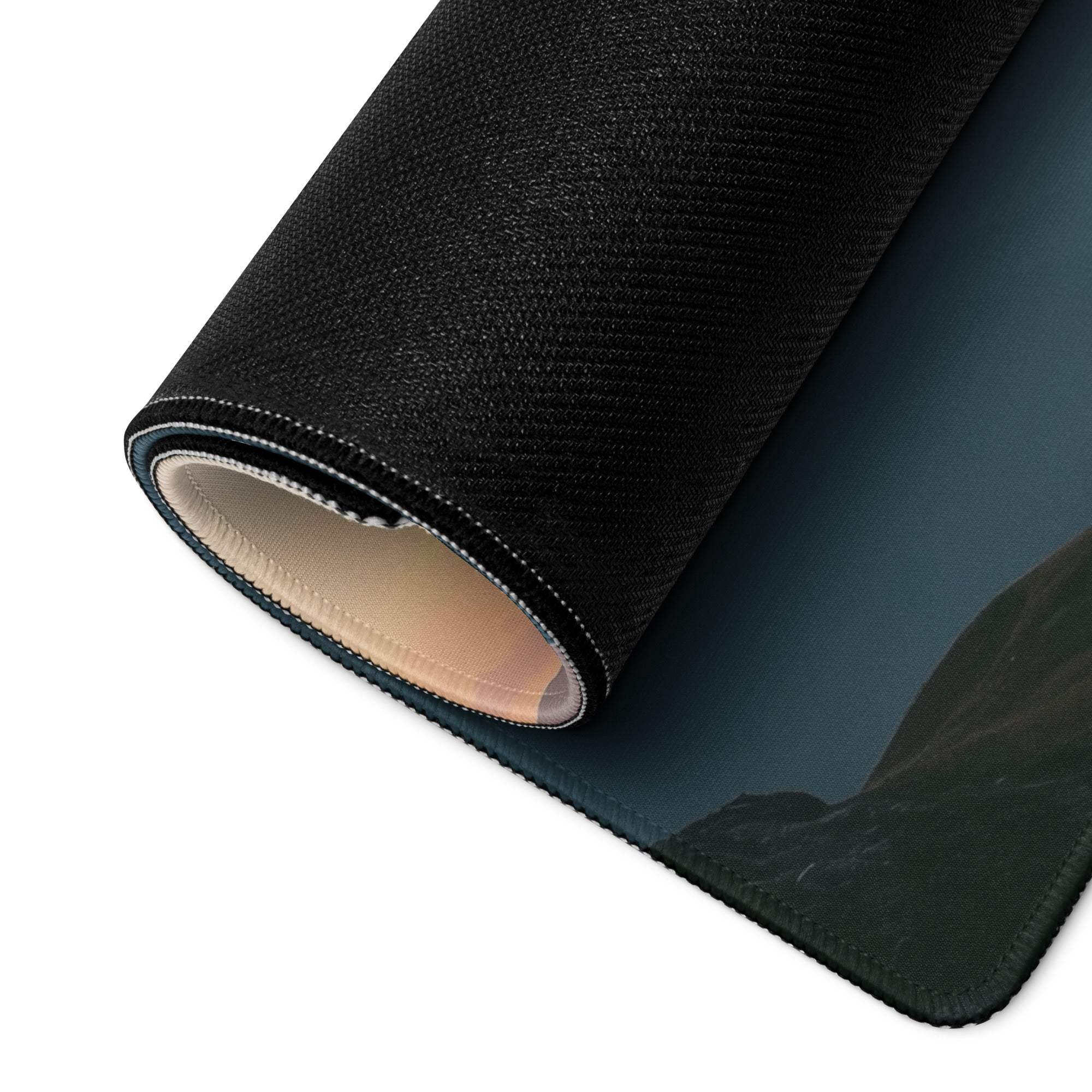 Black textured mousepad with mountain sunrise landscape, non-slip base
