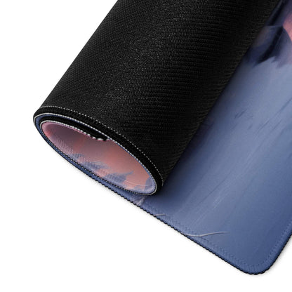 Winter landscape snowy forest sunset gaming mouse pad black textured top blue pink gradient underside
