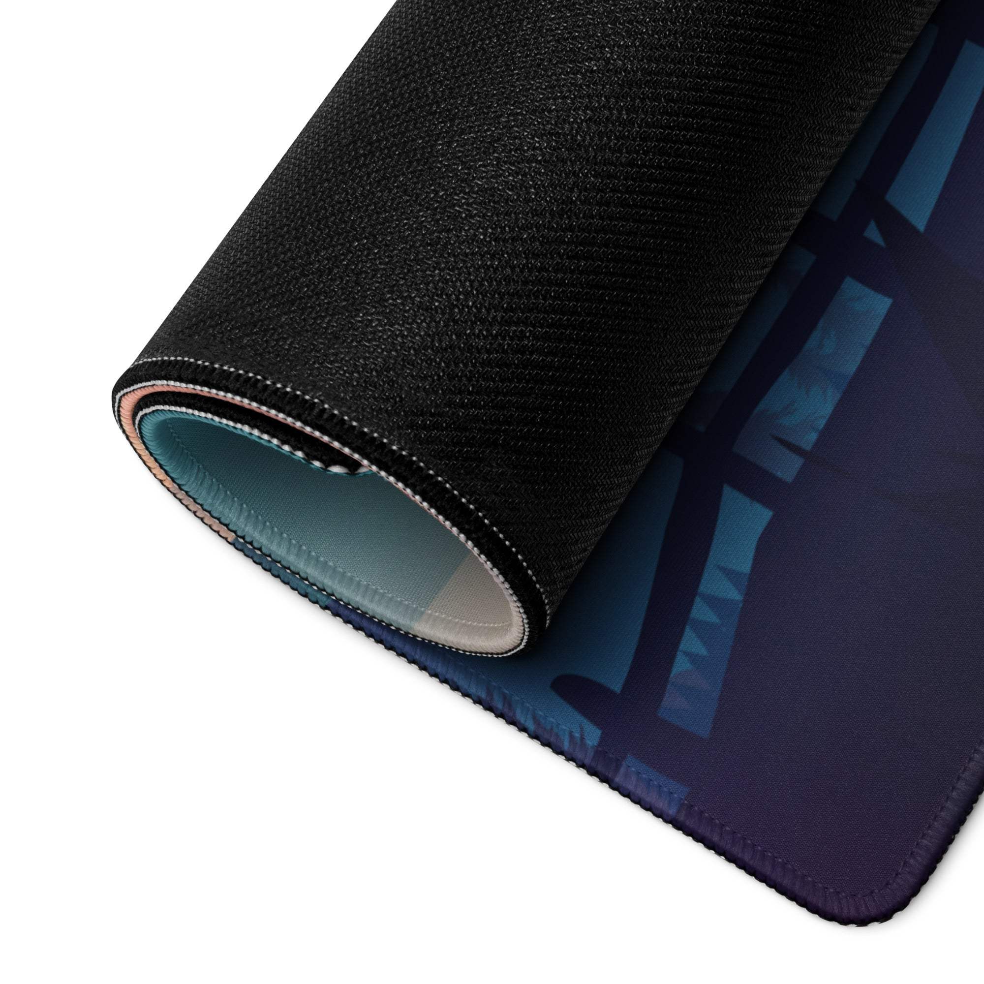 Black textured Serene Mountain Sunset mousepad rolled to show layered interior