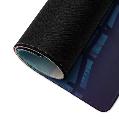 Black textured Serene Mountain Sunset mousepad rolled to show layered interior