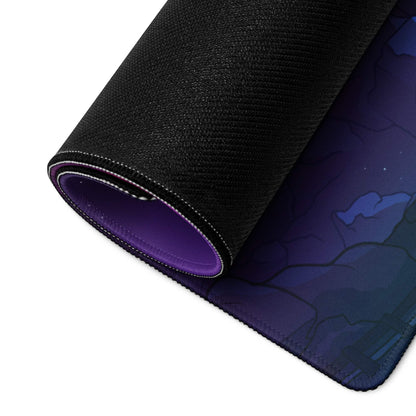 Vibrant purple mountain night sky gaming mouse pad with non-slip edges
