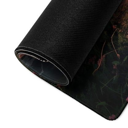 Epic sunset mountain and flower field gaming mousepad with black textured edge