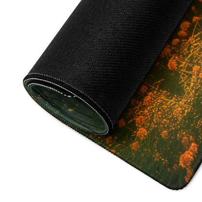 Forest Sunrise large gaming mouse pad with black textured orange green floral design