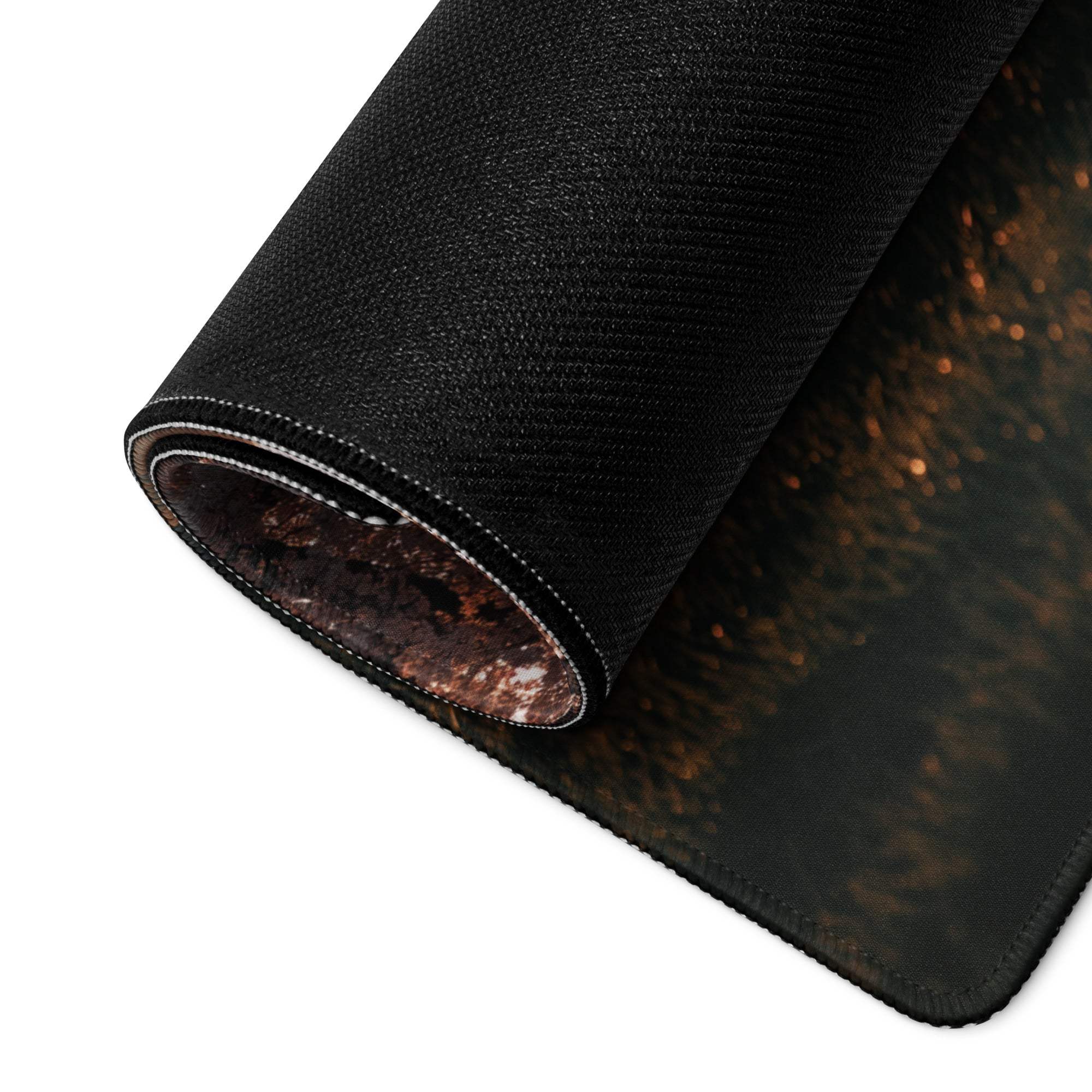 Black cosmic textured gaming mousepad with orange brown speckles