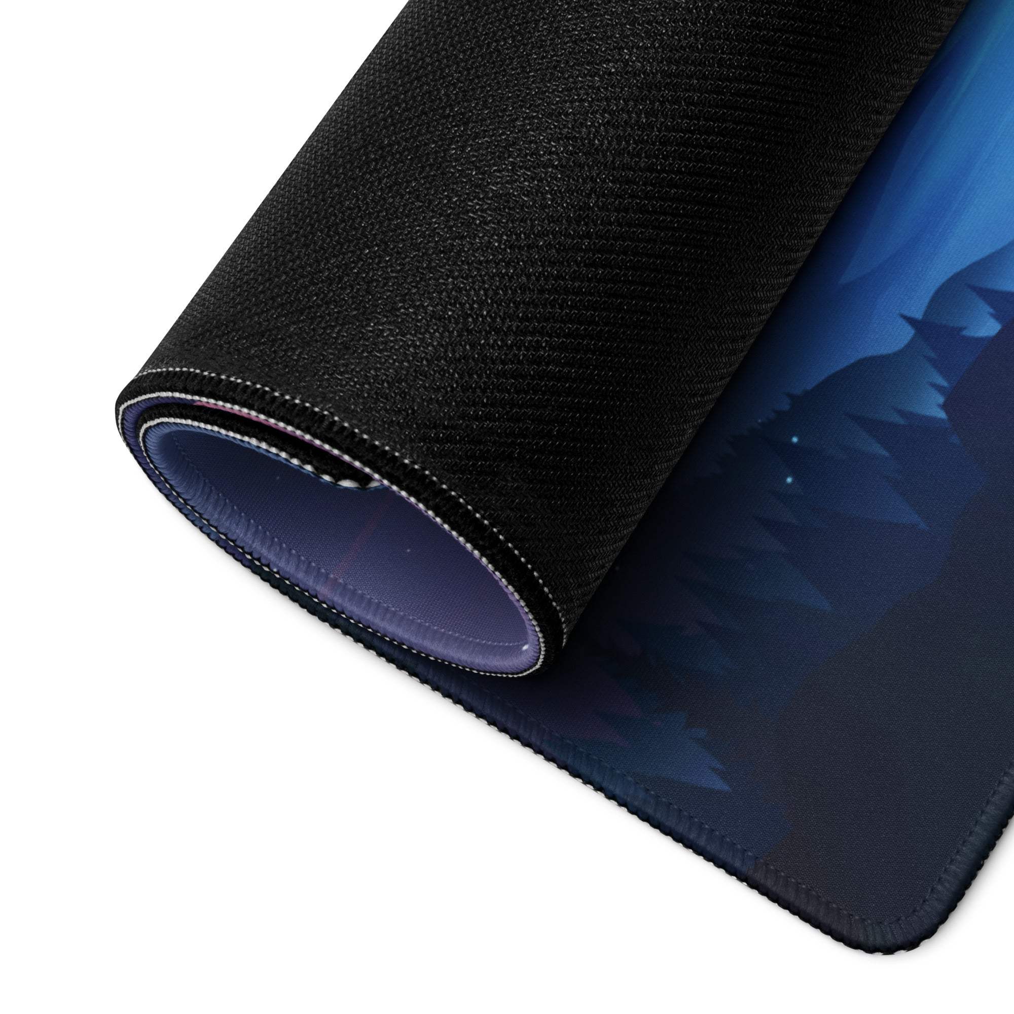 Black textured mousepad with blue Night Sky Mountain forest design