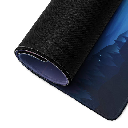 Black textured mousepad with blue Night Sky Mountain forest design