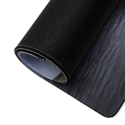 Back of premium large scenic sunset gaming mouse pad with black textured top, gray non-slip underside and stitched edges