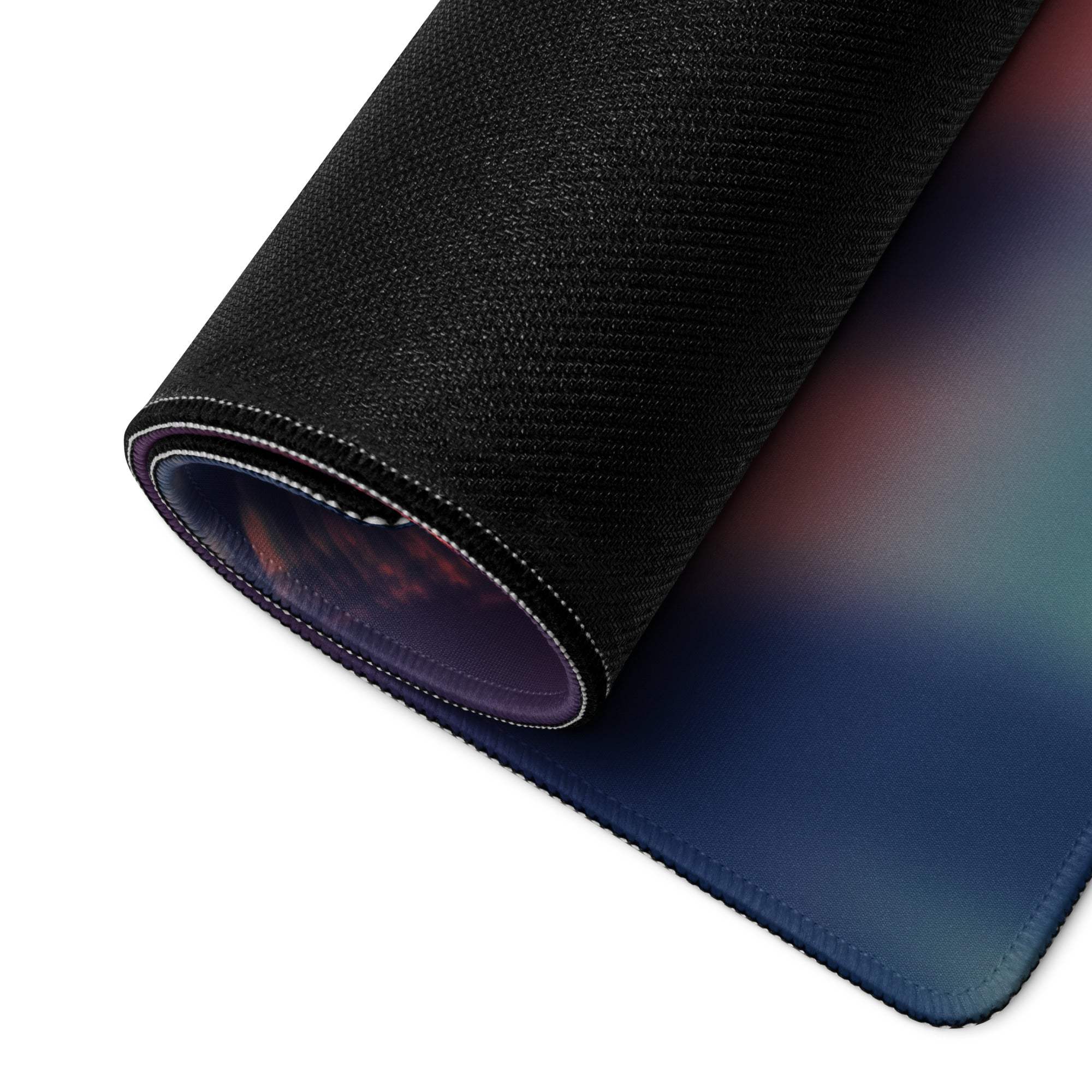 Black textured Tropical Sunset gaming mouse pad with blue-to-purple-red gradient